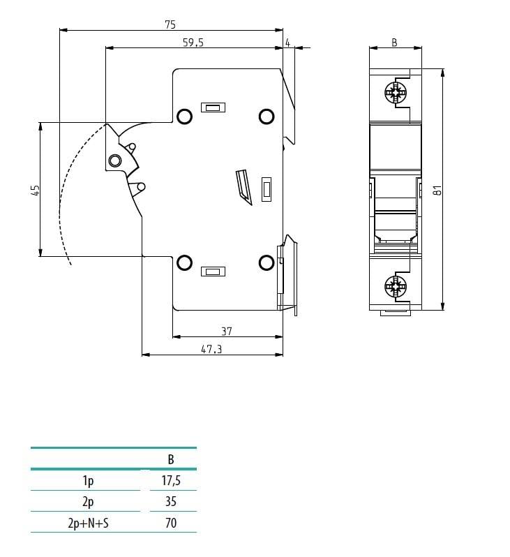 Rysunek techniczny elektrycznego przełącznika, przedstawiający wymiary: 75x59,5x47,3 mm. Tabela poniżej pokazuje szerokości dla 1p, 2p, 2p+N+S.