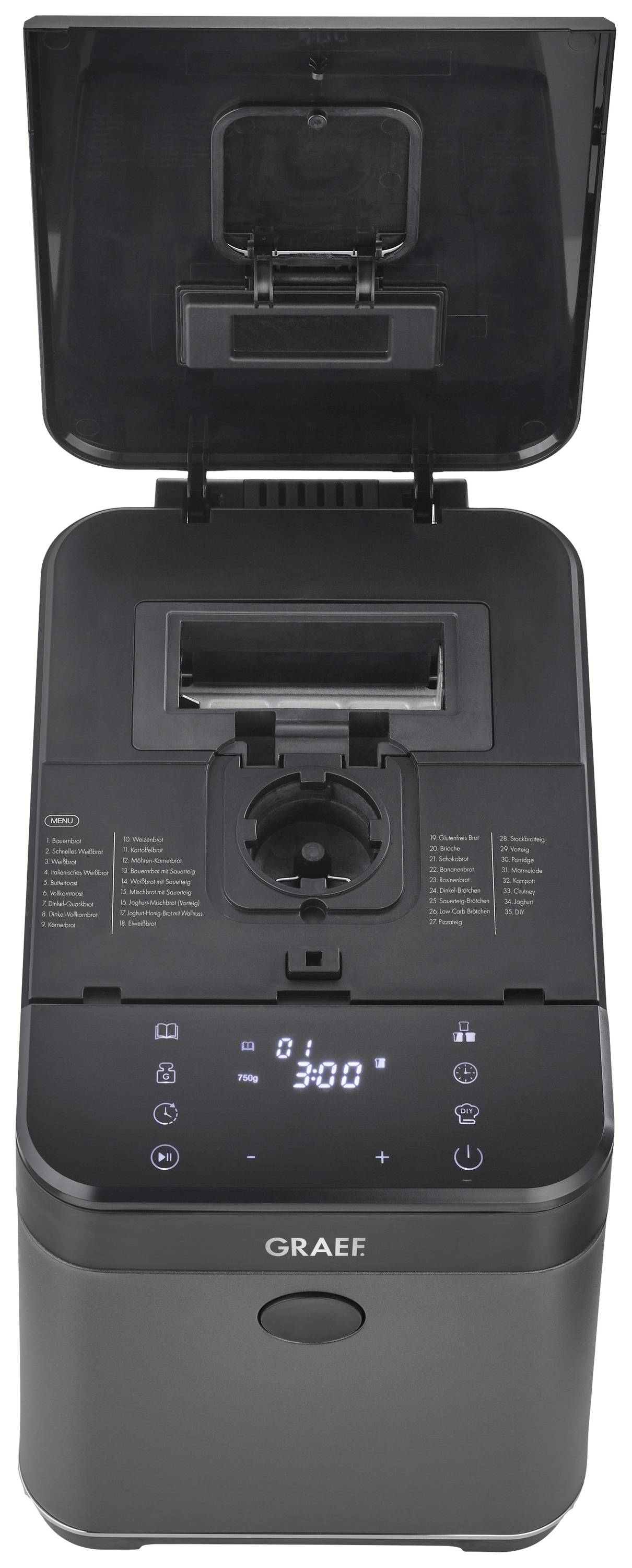 Czarna, otwarta młynek do kawy z wyświetlaczem i przyciskami sterującymi, wskazuje '300g'. Górna pokrywa otwarta, widoczny pojemnik na ziarna.