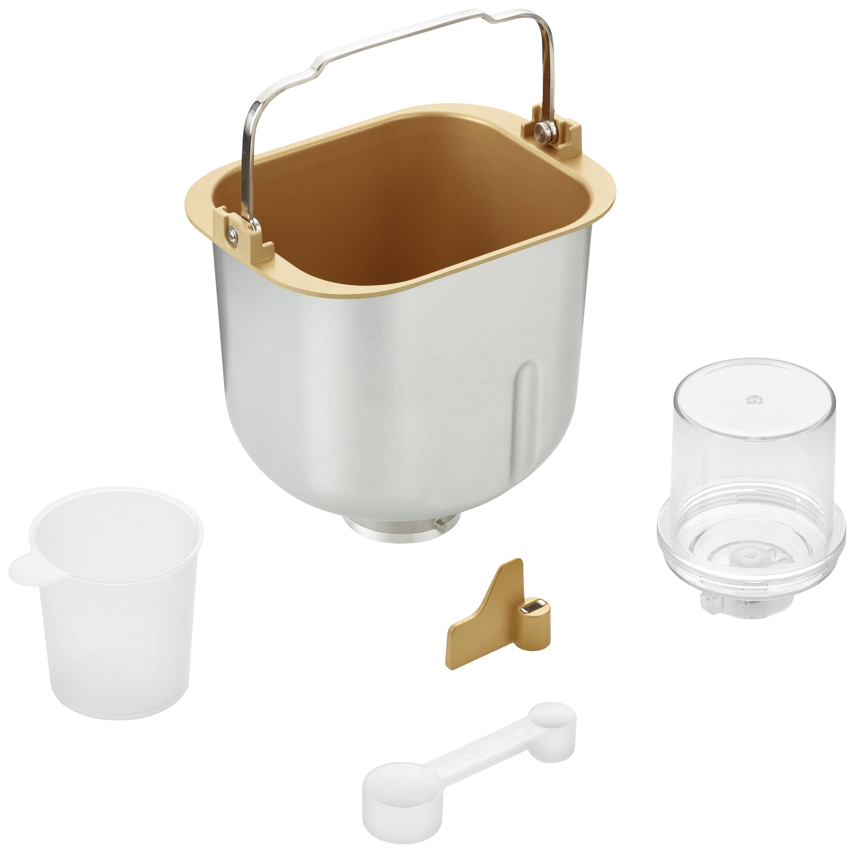 Zestaw akcesoriów do maszyny do pieczenia chleba, w skład którego wchodzą: pojemnik do wyrabiania chleba z uchwytem, miarka, hak do mieszania oraz łyżka miernicza.