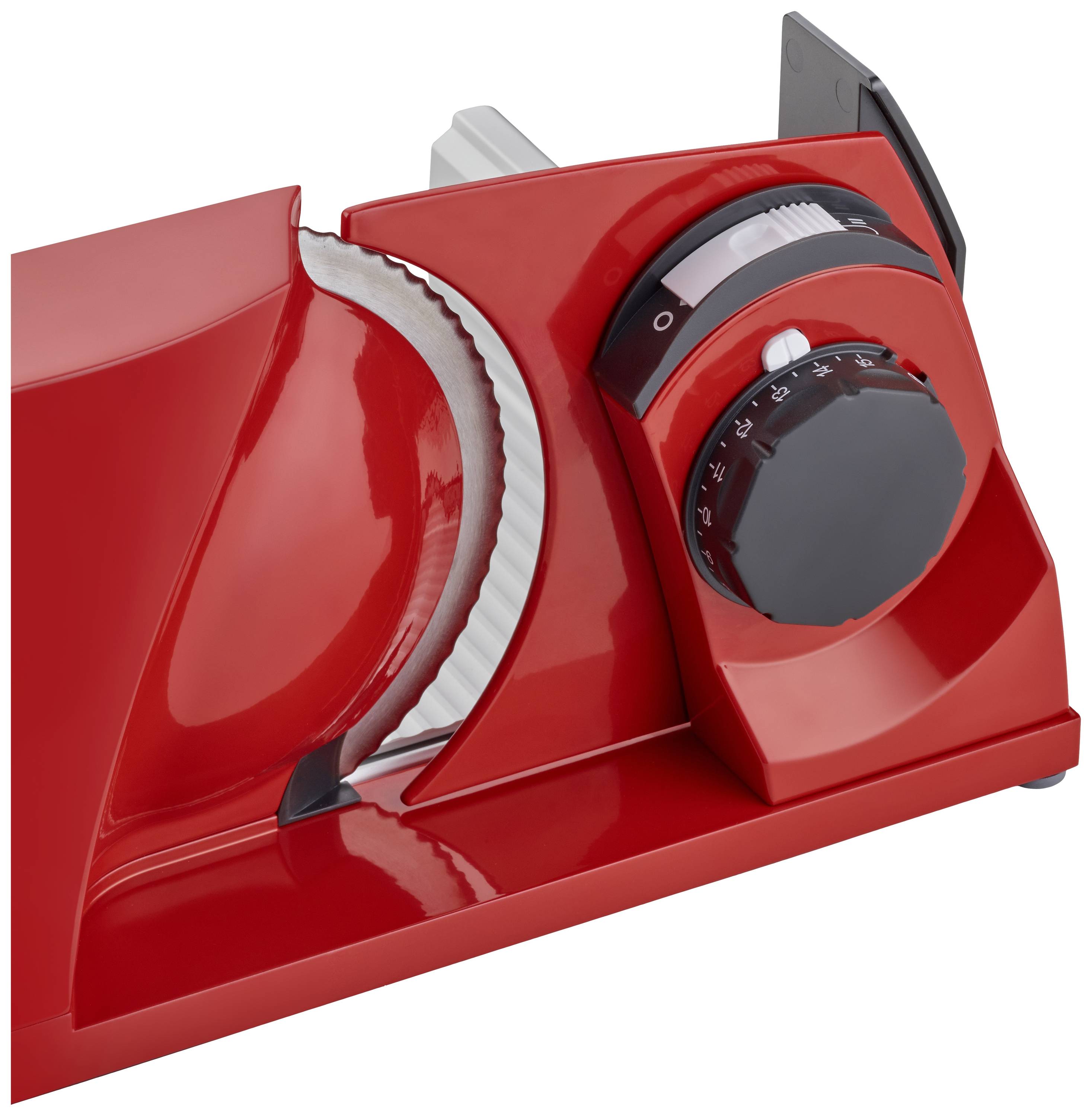 Elektryczna krajalnica rotacyjna z regulowanym regulatorem do dostosowania grubości krojenia, odpowiednia do chleba, mięsa i sera.