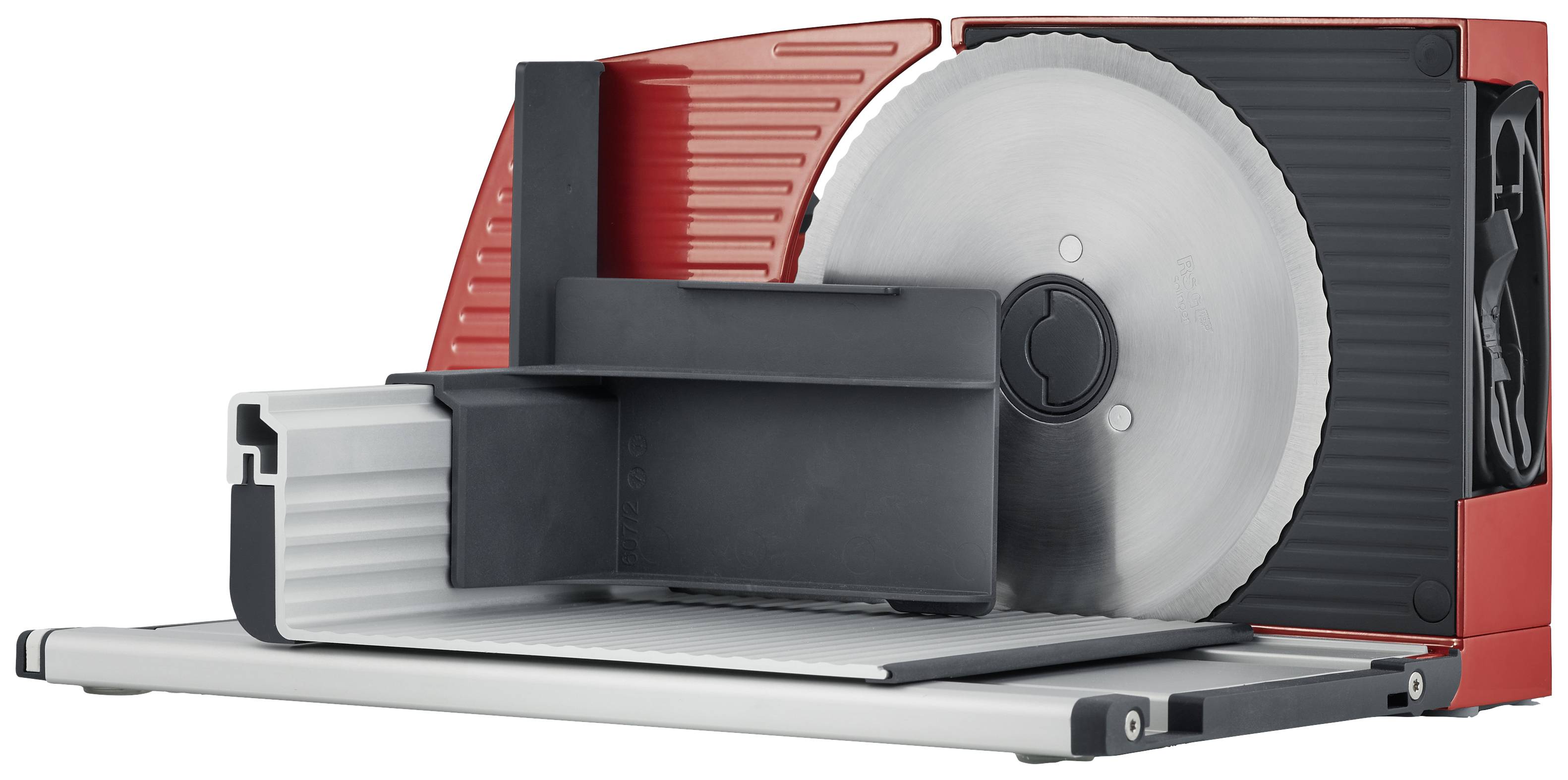 Elektryczna krajalnica do wędlin w kolorze czerwonym i czarnym z srebrnym ostrzem, sfotografowana na białym tle.