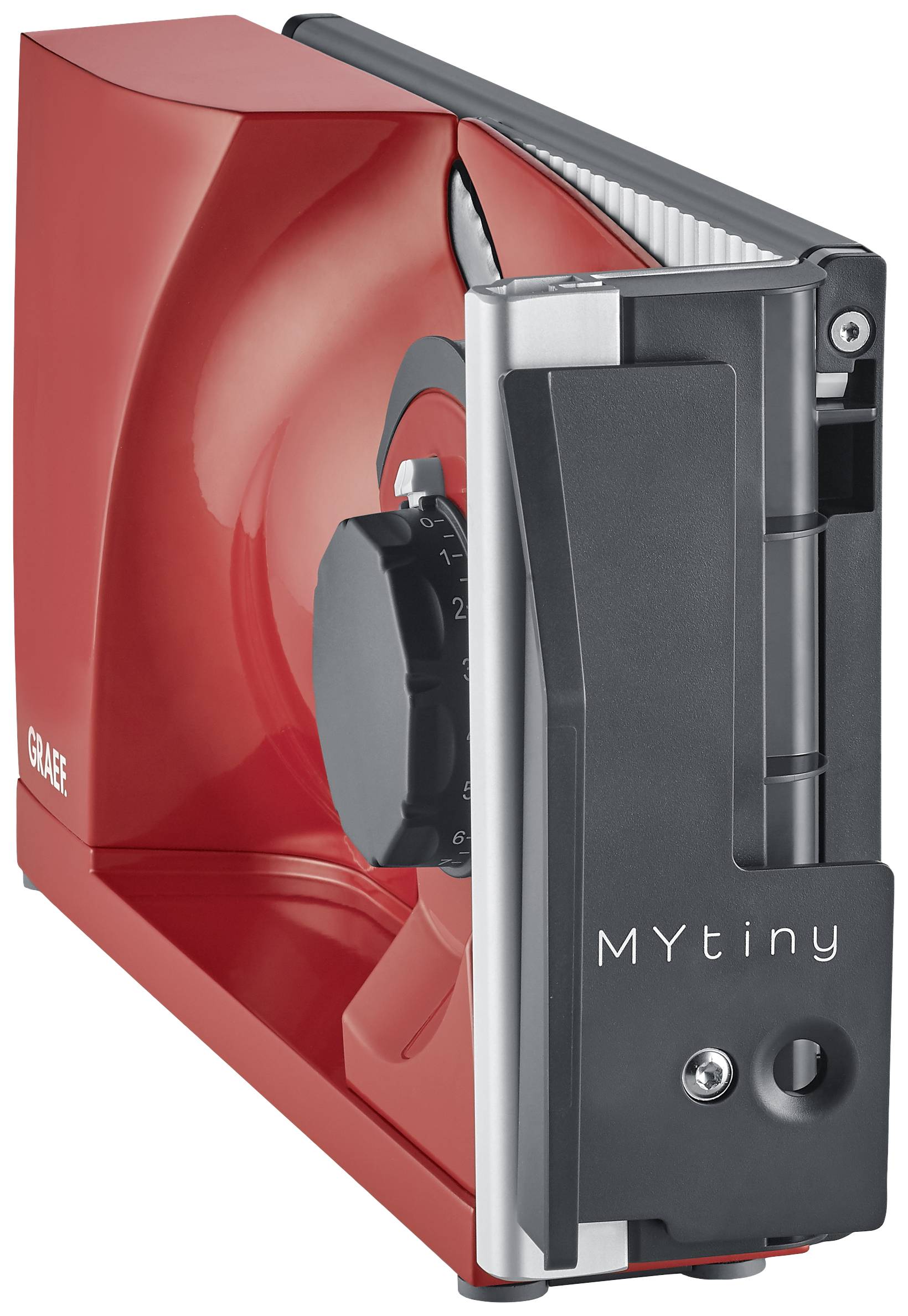 Elektryczny wielofunkcyjny krajalnik w kolorze czerwonym z czarną pokrywą i napisem 'MYtiny'.