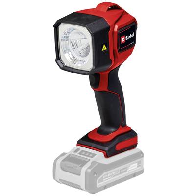 Czerwono-czarna lampa LED firmy Einhell, stojąca na podstawce akumulatora. Posiada prostokątną głowicę reflektora i ergonomiczny uchwyt.