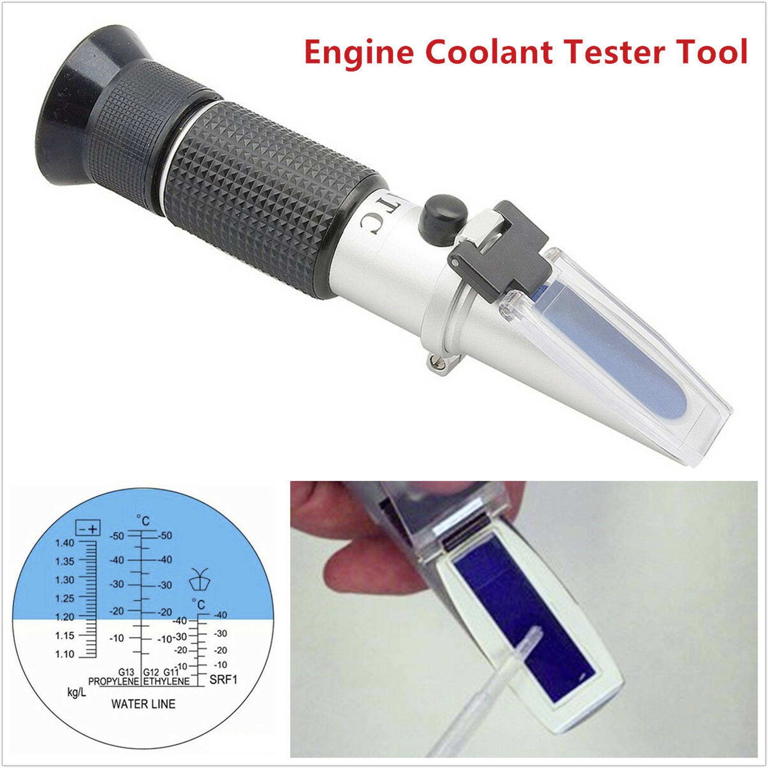 Tester silnika z narzędziem do pomiaru płynu chłodzącego ze skalą. Wyświetla wartości pomiarowe w stopniach Celsjusza i Fahrenheita. Zdjęcie prezentuje szczegóły zastosowania.