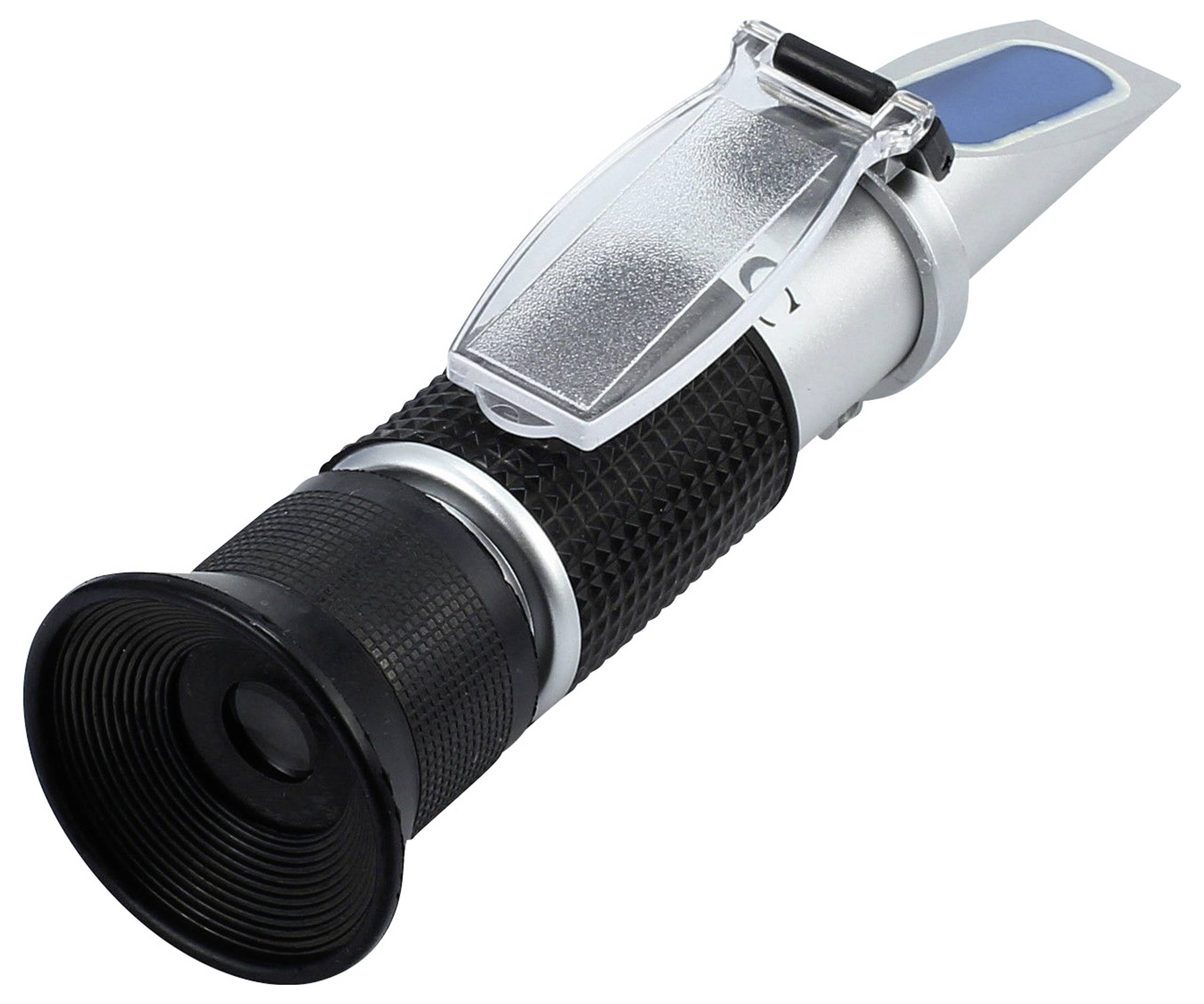 Ręczny refraktometr z czarną rączką i przezroczystą pokrywą na górze, używany do pomiaru stężenia roztworów.