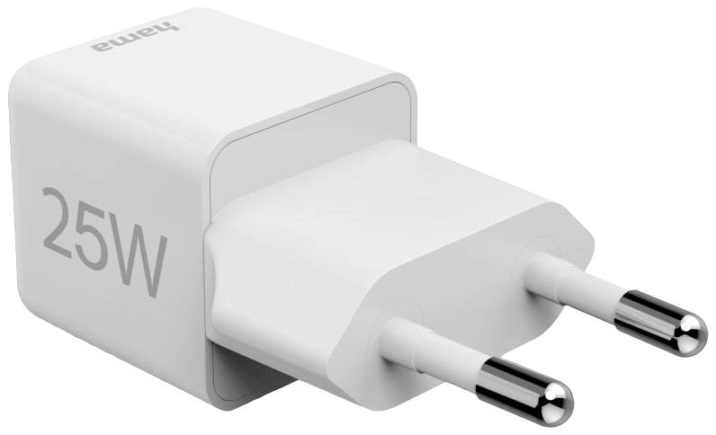 Biała ładowarka z napisem '25W' i wtyczką europejską, przeznaczona do szybkiego ładowania urządzeń.