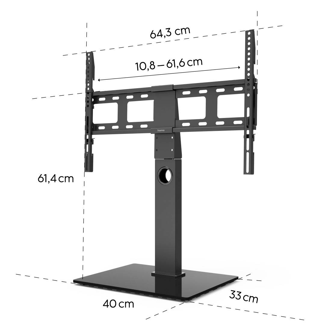 Stojak na telewizor z regulowaną wysokością, o wymiarach: 64,3 cm szerokości, 61,4 cm wysokości, podstawa o głębokości 40 cm i szerokości 33 cm, uchwyt o zakresie regulacji 10,8-61,6 cm.