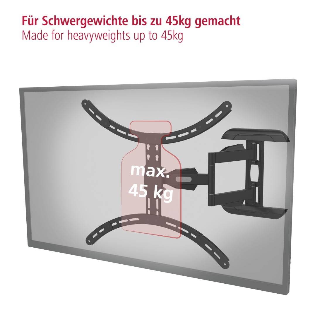 Ilustracja uchwytu ściennego do telewizora, który może udźwignąć urządzenia do 45 kg, z tekstem: 'Stworzony dla ciężkich modeli do 45 kg'.