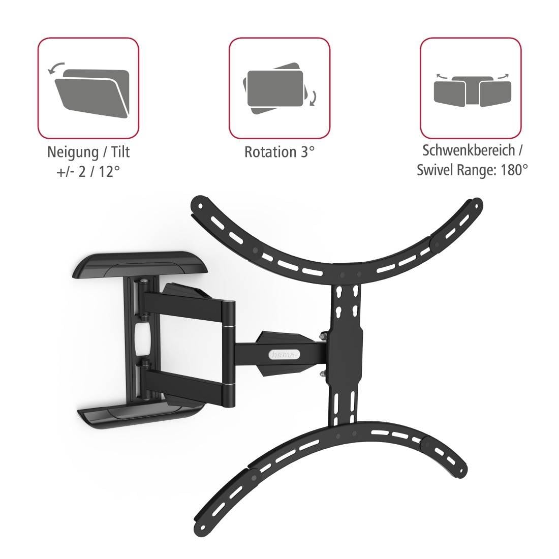 Uchwyt ścienny do telewizorów z zakresem pochylenia od -2 do 12 stopni, zakresem obrotu o 3 stopnie oraz zakresem obrotu panoramicznego do 180 stopni.