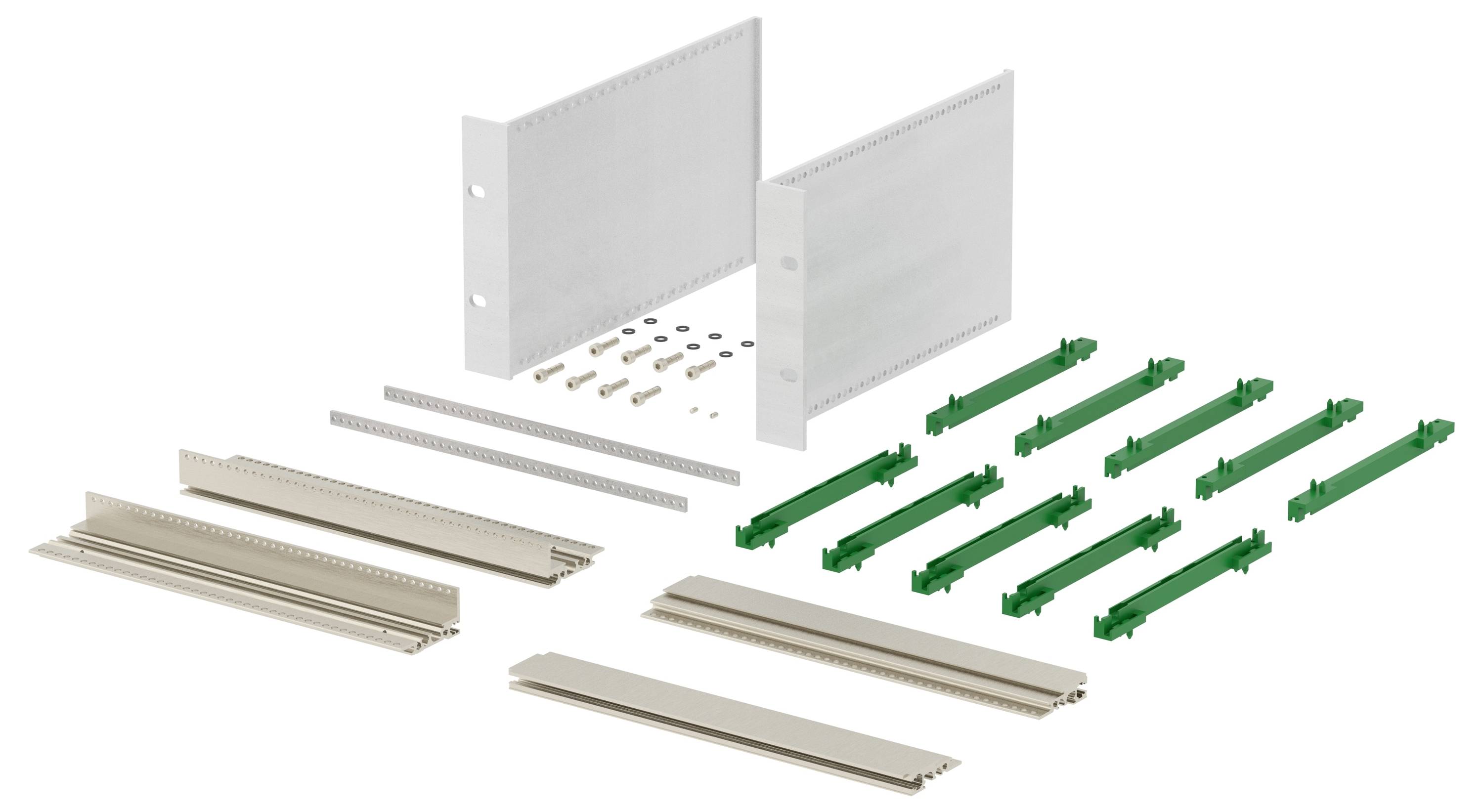 Modułowy zestaw paneli montażowych z metalowymi płytkami, zielonymi i beżowymi łącznikami oraz różnymi małymi komponentami, używany do konstruowania obudów.