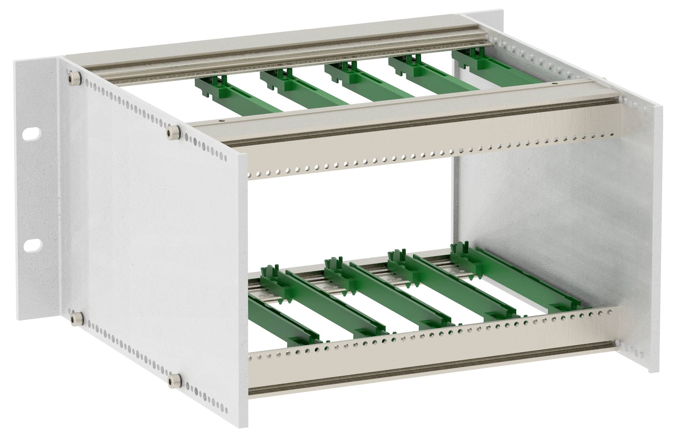 Otwarty metalowy stojak z dwoma półkami, z których każda posiada zielone prowadnice szynowe, przeznaczony do montażu płytek elektronicznych obwodów drukowanych.