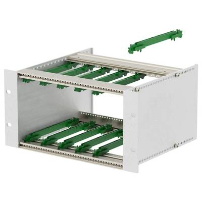 Otwarta metalowa szafa z równoległymi zielonymi prowadnicami wewnątrz, używana do montażu sprzętu elektronicznego. Jedna prowadnica jest pokazana osobno powyżej.