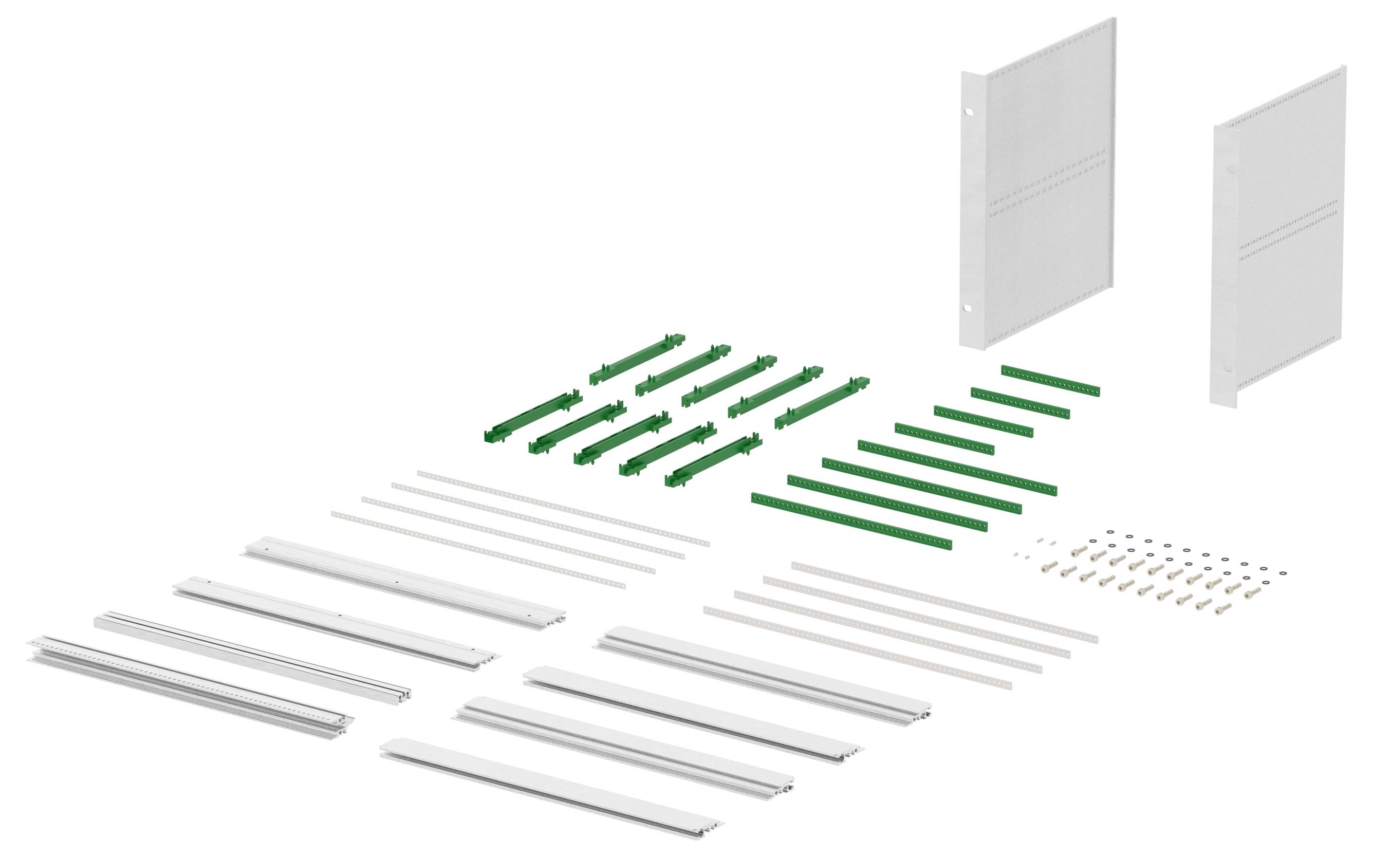 Układ elementów przedstawiający komponenty regału, w tym panele, wsporniki i śruby, ułożone w kolejności montażu.