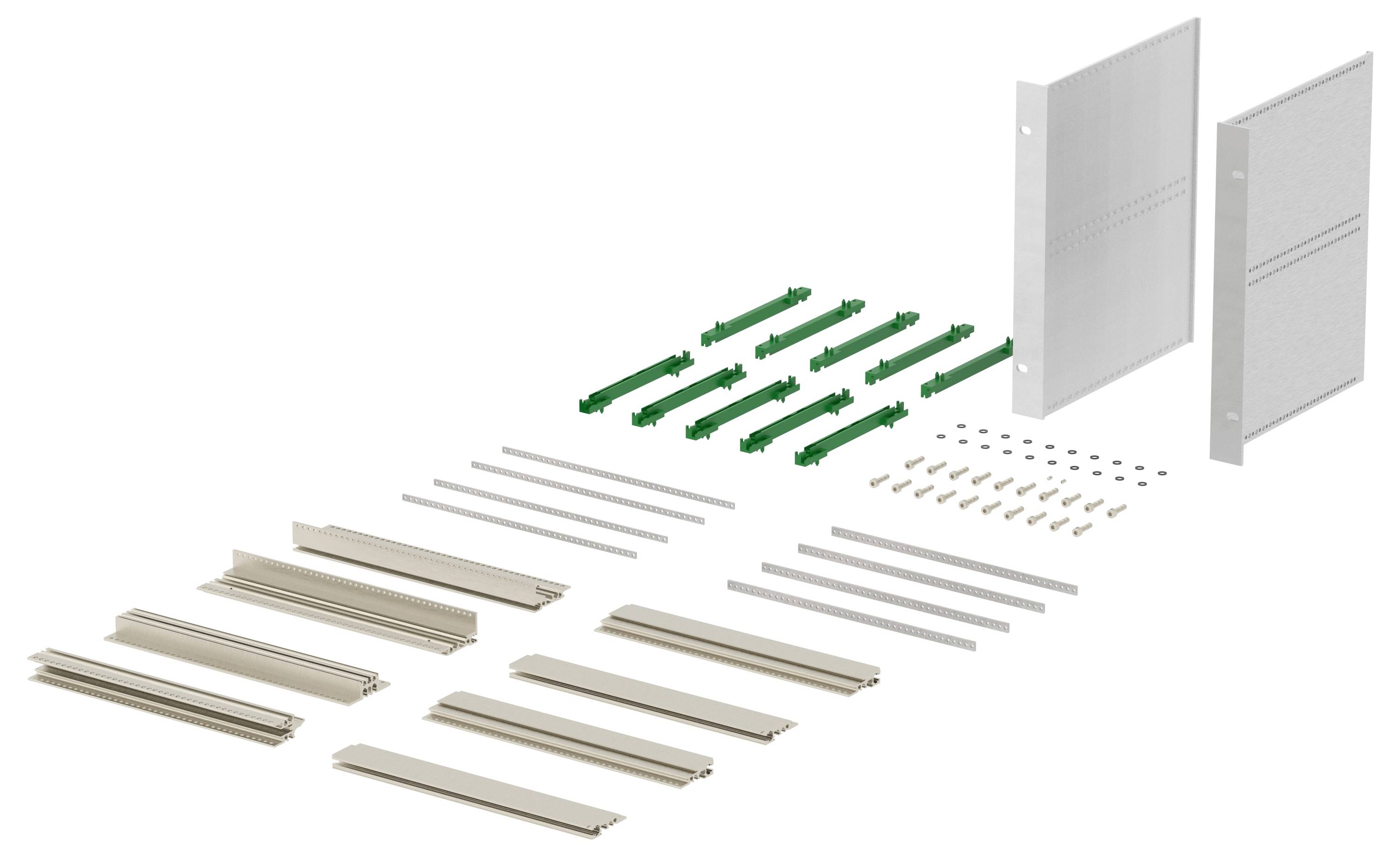 Elementy zestawu szafy w płaskim opakowaniu rozłożone, w tym panele, złączki, śruby i szyny, ułożone w rzędach do montażu.