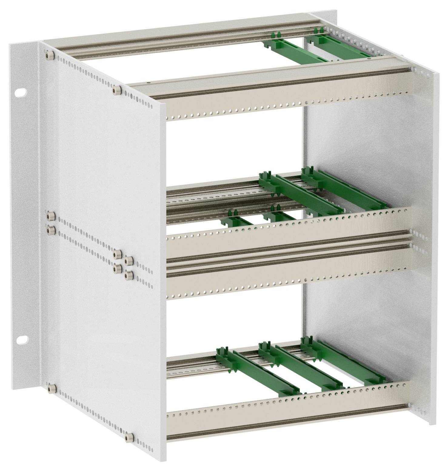 Prostokątna metalowa rama z trzema poziomami, przeznaczona do przechowywania elementów elektronicznych lub stojaków sprzętowych.