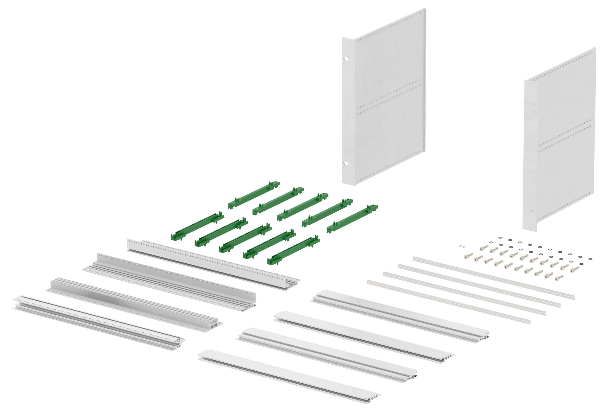 Obraz różnych komponentów do montażu modułowego systemu regałowego, w tym paneli, złączy, wsporników i śrub wyświetlonych na białym tle.