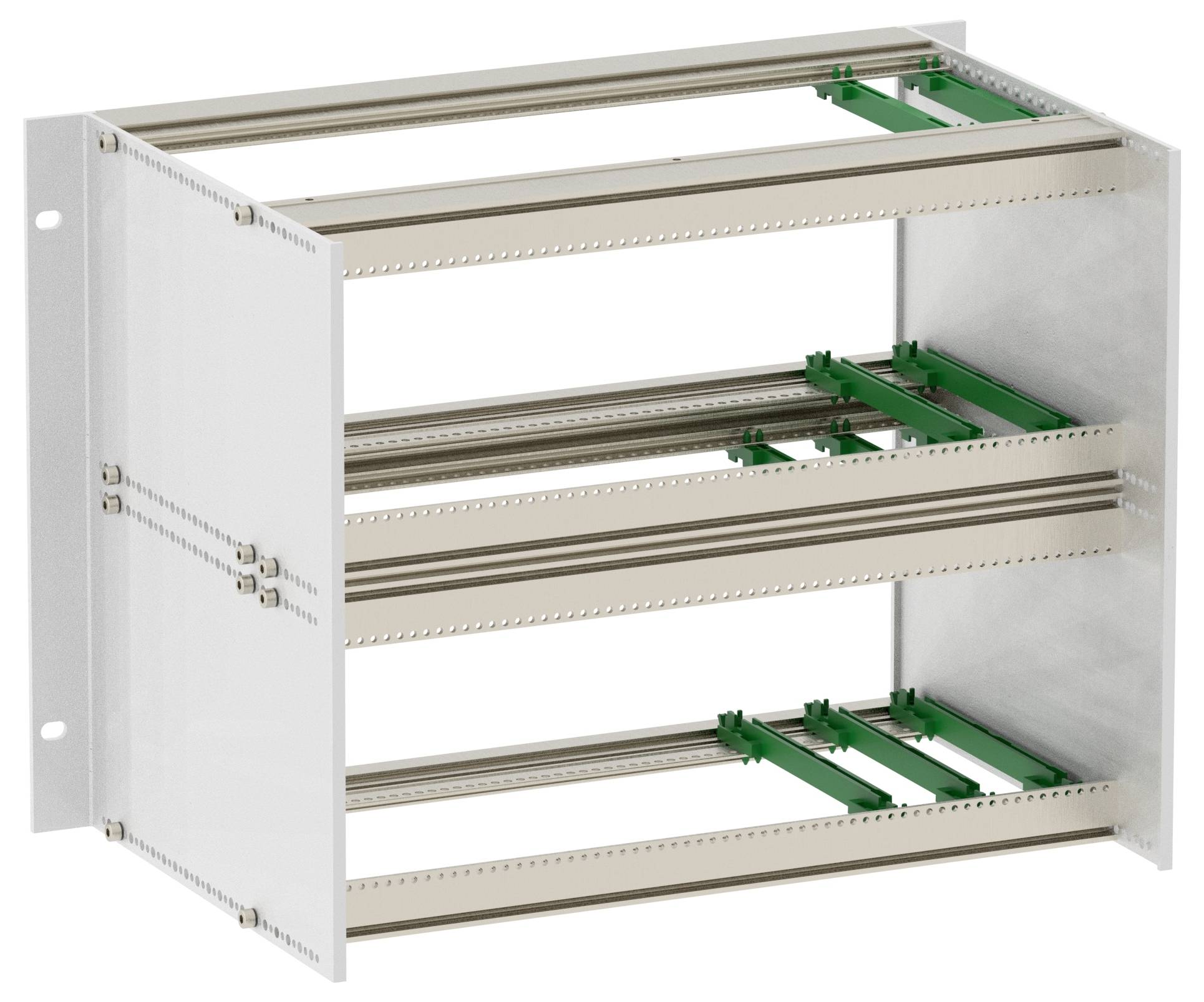 Metalowy stojak z trzema półkami i zielonymi uchwytami montażowymi, używany do organizowania komponentów elektronicznych lub sprzętu.