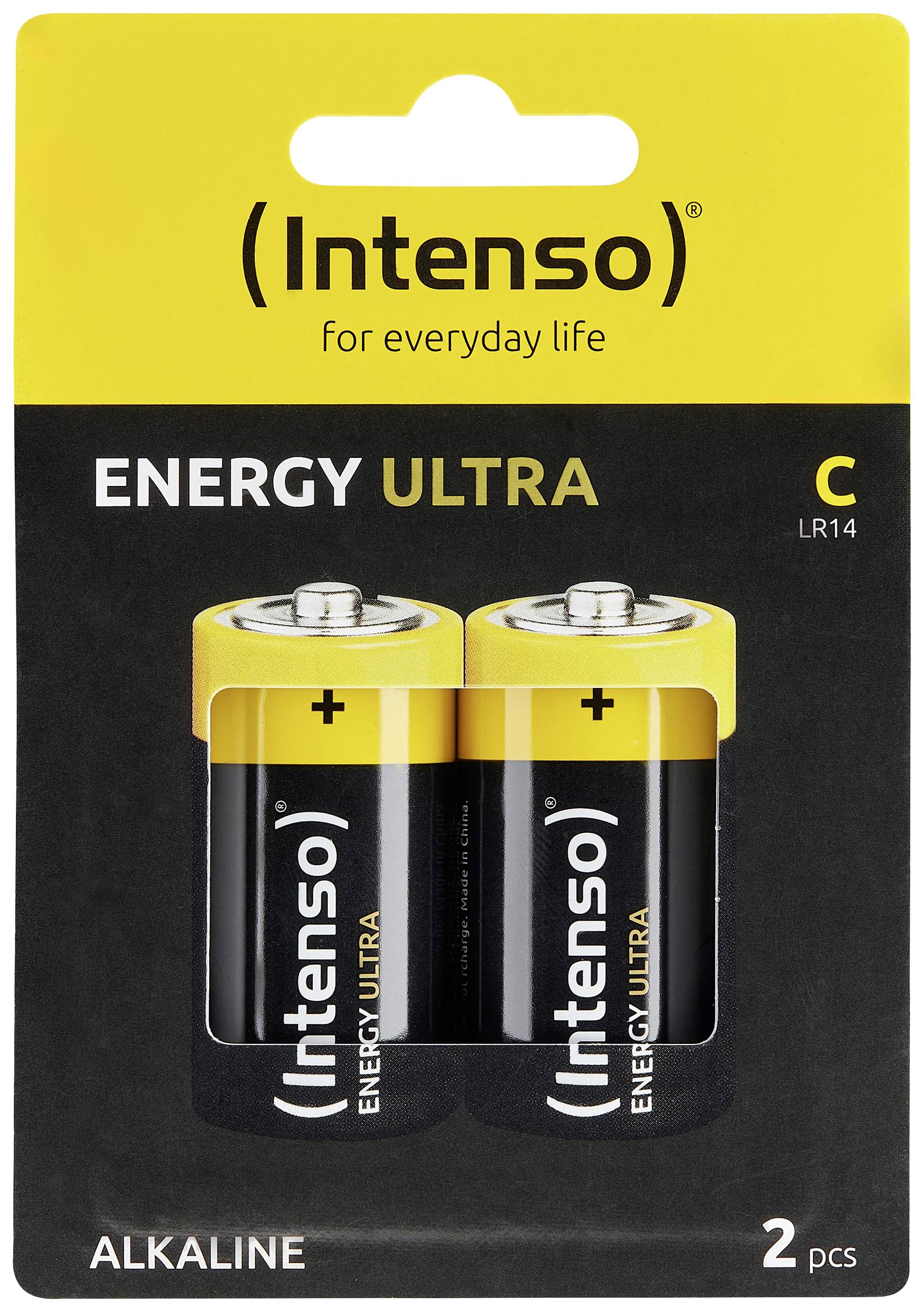 Dwie baterie alkaliczne Intenso C, model 'Energy Ultra', na czarnym opakowaniu z żółtym paskiem u góry i napisem 'for everyday life'.