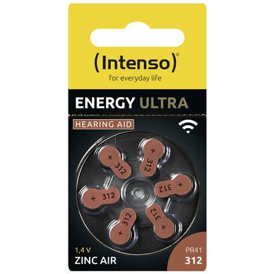 Baterie do aparatów słuchowych 'Intenso Energy Ultra' (cynkowo-powietrzne) PR41 312, 1,4V. Opakowanie prezentuje sześć baterii w designie przypominającym koło.