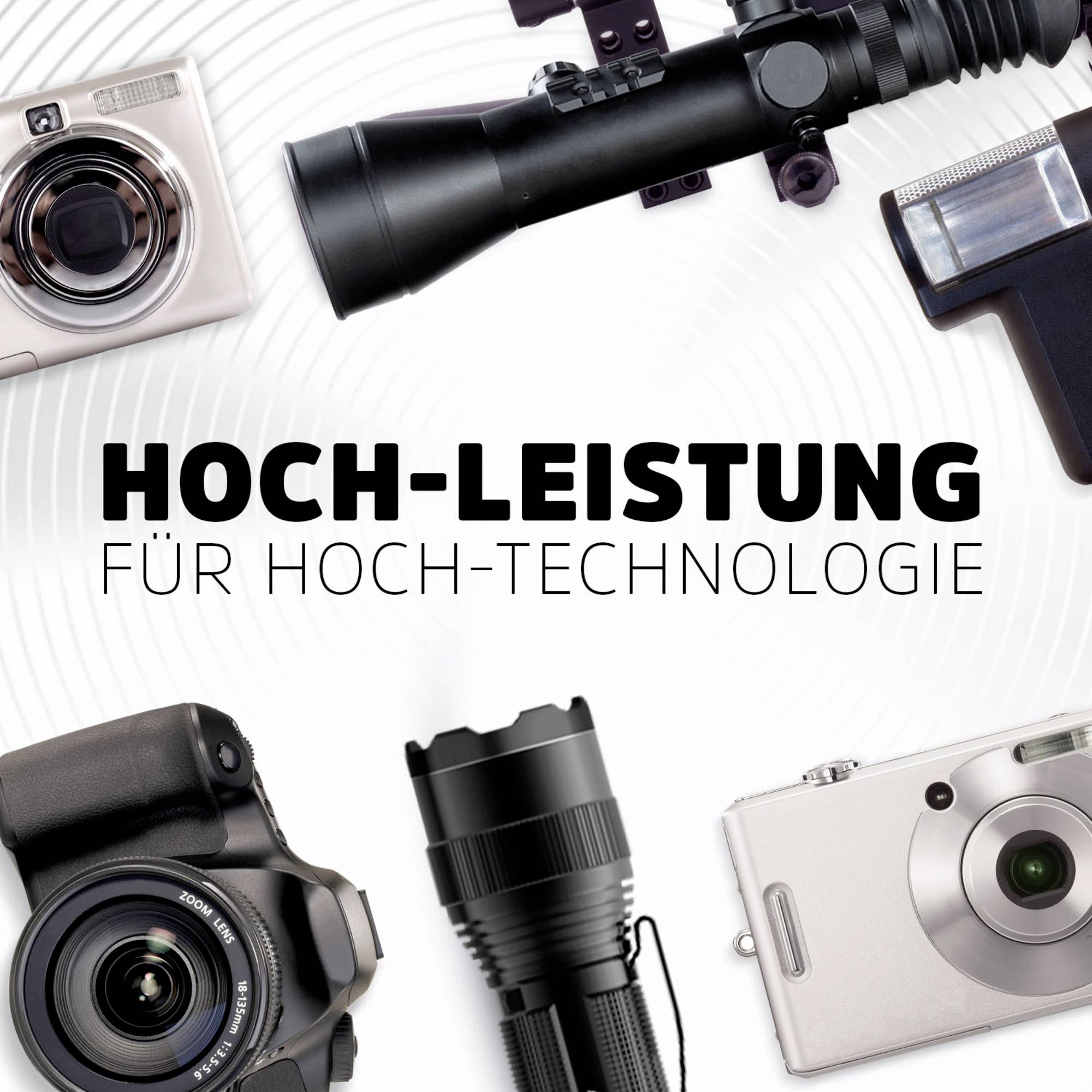 Różne aparaty fotograficzne i teleobiektyw leżą na stole. Tekst na środku głosi: "Wysoka wydajność dla wysokich technologii".