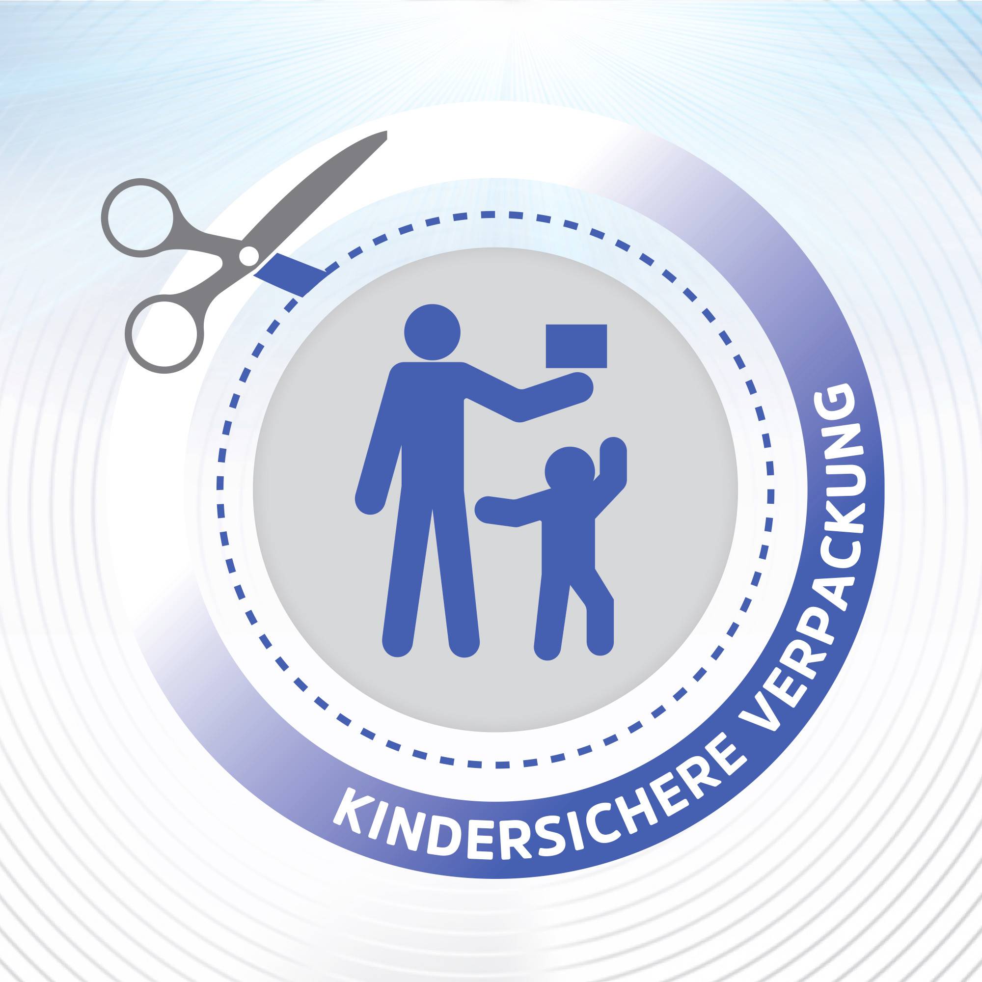 Symbol bezpieczeństwa opakowania dla dzieci: Dorosły podaje przedmiot dziecku. Tekst: 'OPAKOWANIE ZABEZPIECZONE PRZED DZIEĆMI'.