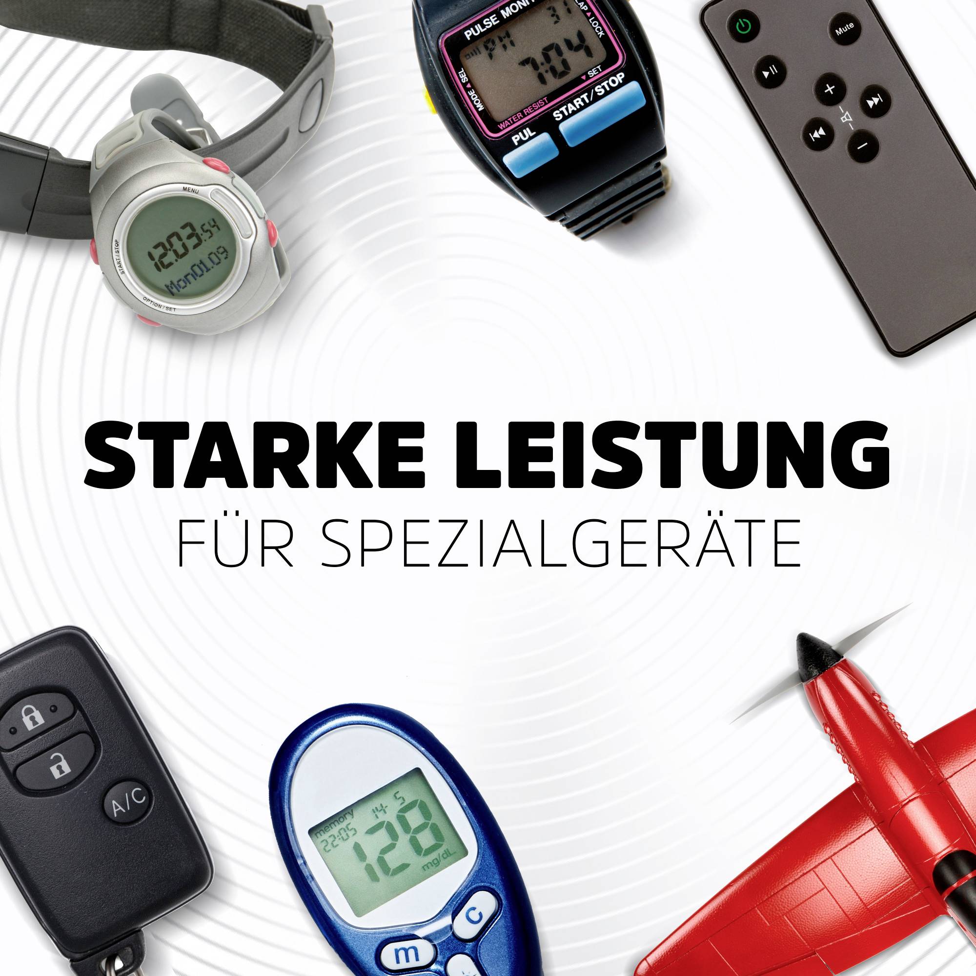 Wybór elektronicznych urządzeń, w tym zegarków i pilotów, na tle z napisem 'Silna wydajność dla urządzeń specjalistycznych'.