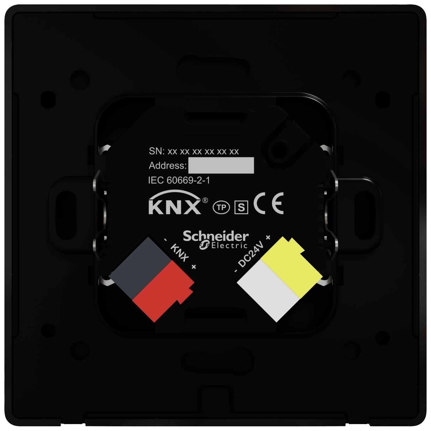 Czarny kwadratowy przełącznik KNX firmy Schneider Electric, przedstawiający numer seryjny, zgodny z normą IEC 60669-2-1, z oznaczonymi zaciskami w kolorach czerwonym, białym i żółtym.