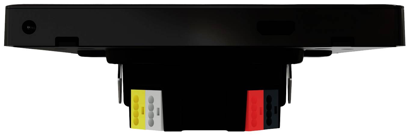 Czarny elektroniczny element od dołu, widoczne są kolorowe złącza w kolorach żółtym, białym, czerwonym i czarnym.