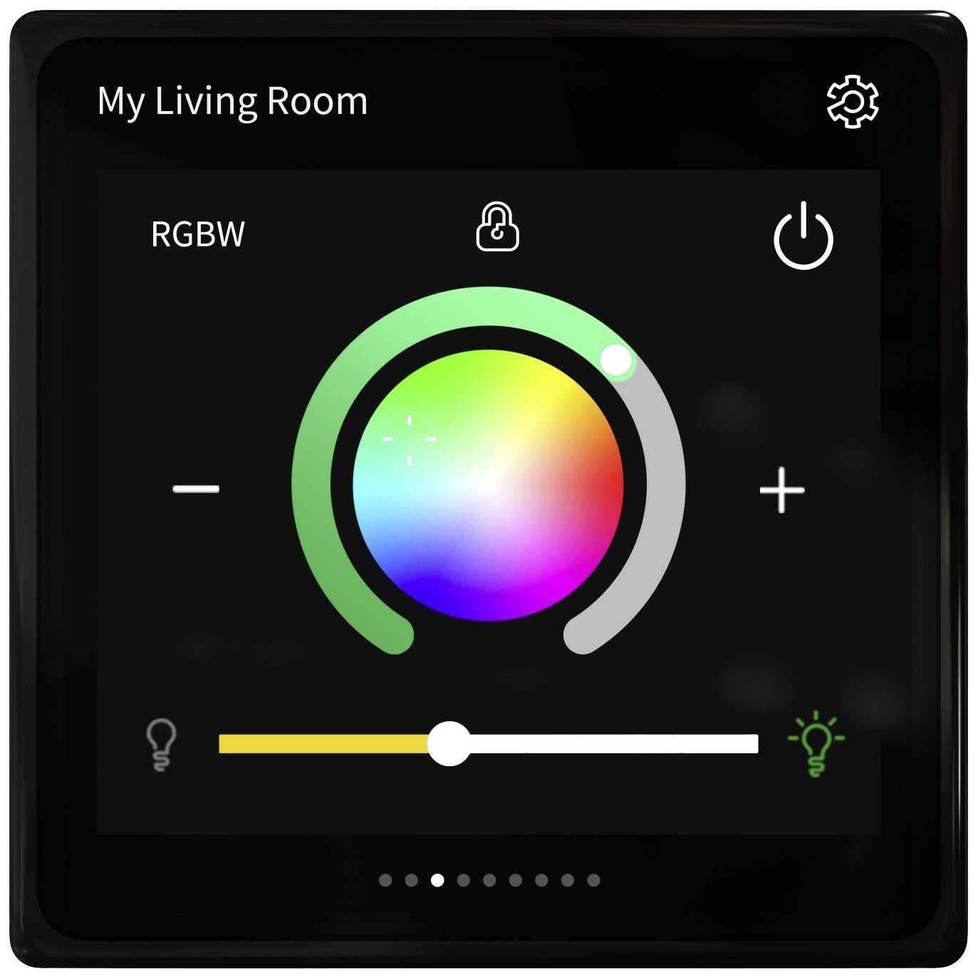 Inteligentny panel sterujący z kołem kolorów do regulacji oświetlenia. Wyświetlane opcje zmiany jasności i koloru w salonie.