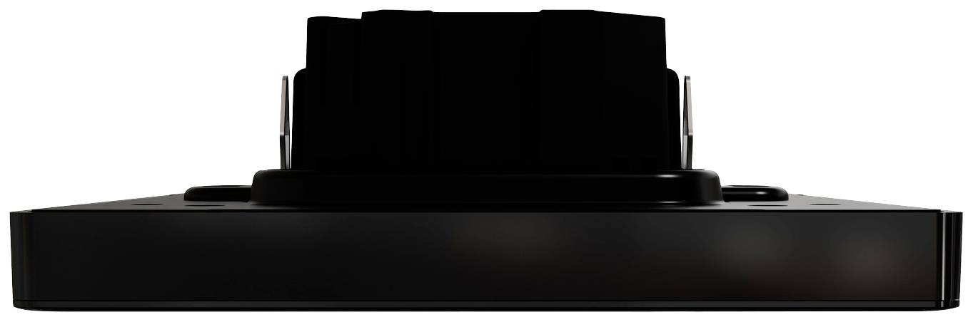 Elektryczny element z czarną, prostokątną przednią ścianką i czarnym modułem umieszczonym pośrodku, widziany z boku.