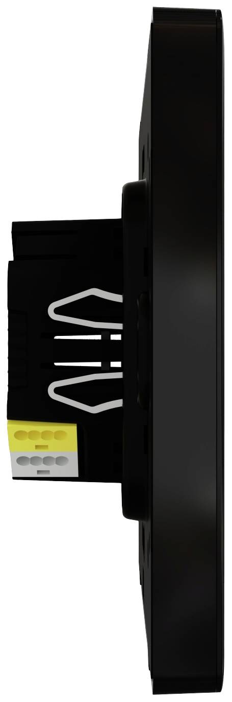 Widok z boku czarnego urządzenia elektronicznego z żółtymi i szarymi złączami.