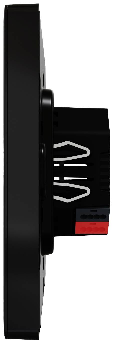 Widok z boku czarnego urządzenia elektronicznego z wtykami i złączami kablowymi.