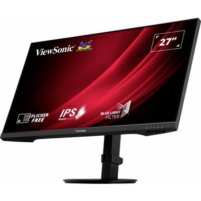 Ekran komputerowy marki ViewSonic o przekątnej 27 cali, z technologią IPS, bez migotania i z filtrem niebieskiego światła, ustawiony pionowo na podstawce.