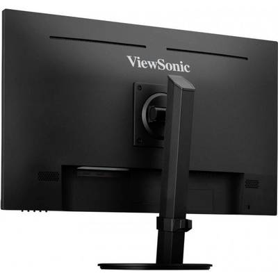 Widok z tyłu czarnego monitora komputerowego marki ViewSonic zamontowanego na regulowanym statywie.