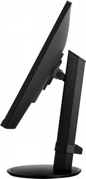 Płaski, czarny monitor komputerowy widziany z boku, zamontowany na okrągłej podstawce.