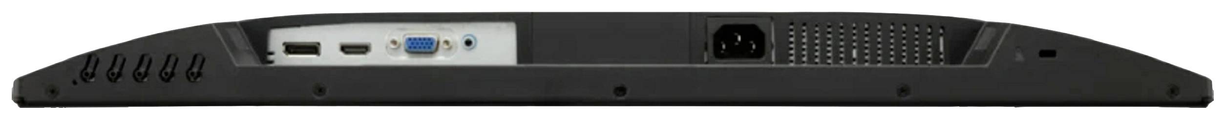 Spód monitora z różnymi złączami, w tym złączami HDMI, VGA oraz zasilania.