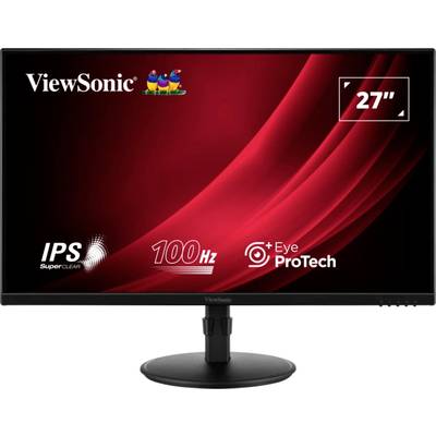 Monitor ViewSonic o przekątnej 27 cali. Cechy: IPS SuperClear, 100 Hz, Eye ProTech. Czerwone tło z białym tekstem.