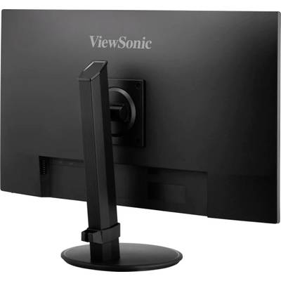 Widok z tyłu czarnego monitora komputerowego na okrągłej podstawie, z widoczną u góry marką 'ViewSonic'.