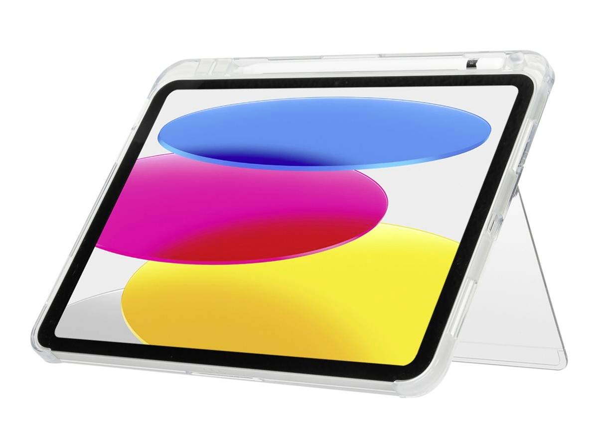 Tablet z kolorowym wyświetlaczem w odcieniach niebieskiego, różowego i żółtego, umieszczony na stojaku.