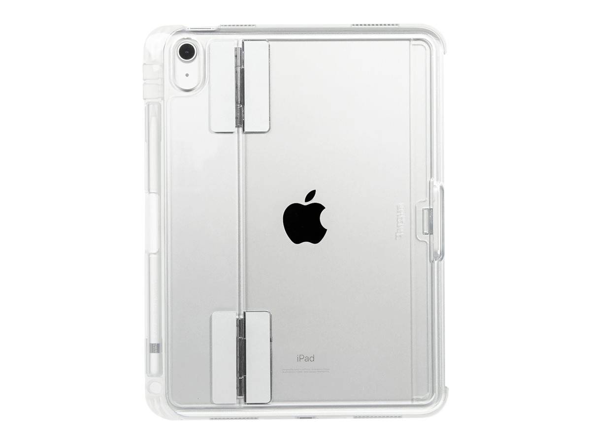 Przezroczyste etui na tablet ukazuje tylną stronę urządzenia z logo Apple. Etui posiada zintegrowany uchwyt na rysik.