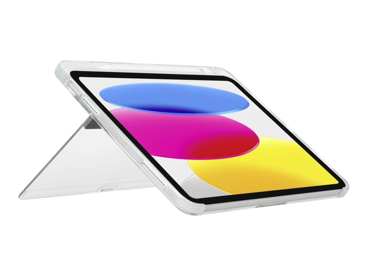 Tablet z kolorowym ekranem wyświetlającym kolorowe kręgi, stojący pionowo na podstawce.