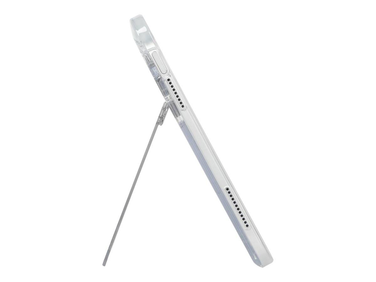 Tablet ustawiony bokiem, z przezroczystą obudową, stojący na rozkładanym stojaku. Widoczne są głośniki i złącza.