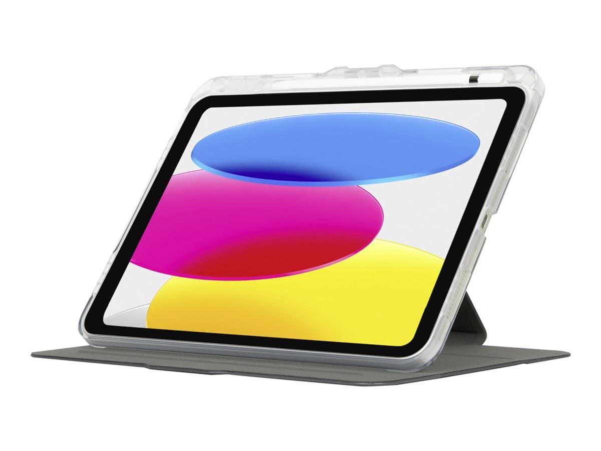 Tablet z kolorowym wyświetlaczem, zamontowany w ochronnym etui z funkcją podstawki, umieszczony na płaskiej powierzchni.