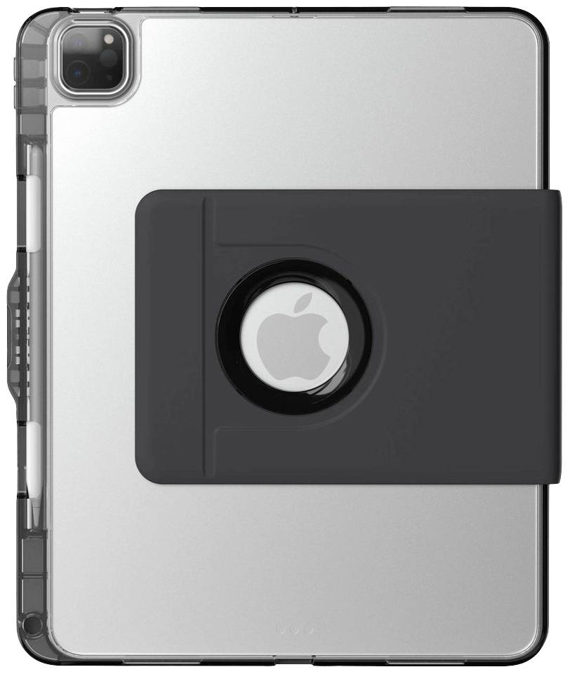 Tablet w ciemnej obudowie, wyświetlający centralny, okrągły design z logo jabłka. Etui częściowo zakrywa tylną cześć urządzenia.