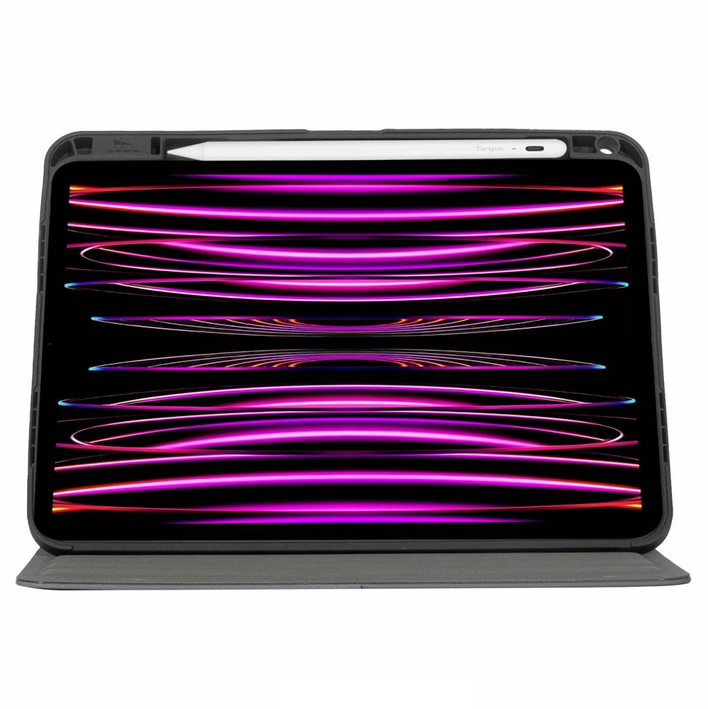 Tablet z fioletowymi i różowymi paskami świetlnymi na ekranie oraz białym rysikiem na górnej powierzchni.