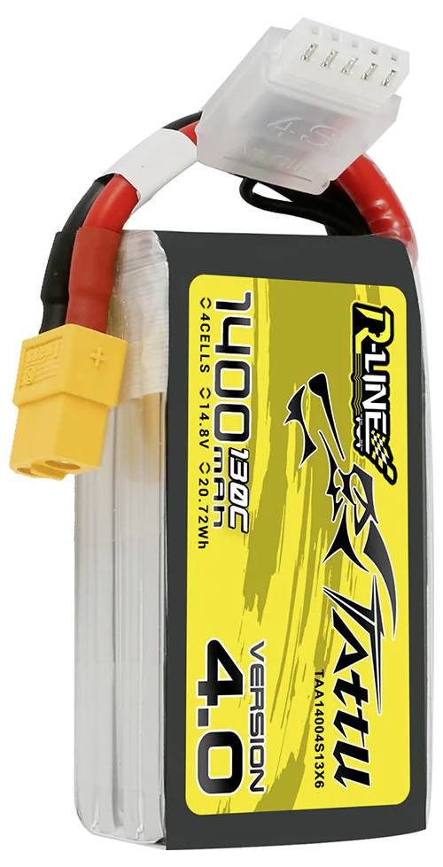 Żółty akumulator Tattu R-Line Lithium-Polymer o pojemności 1400 mAh, napięciu 14,8 V i natężeniu 130C, wyposażony w wtyczkę XT60 oraz przewód balansu.