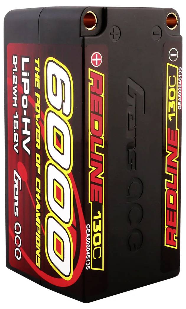 Akumulator LiPo o pojemności 6000 mAh i prądzie rozładowania 130C, przeznaczony do zastosowań wysokowydajnościowych. Czarna obudowa z czerwonymi i żółtymi akcentami.