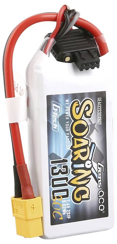Biały akumulator litowo-polimerowy (LiPo) z nadrukiem 'Soaring 1300' i złączami przeznaczonymi do modeli zdalnie sterowanych.