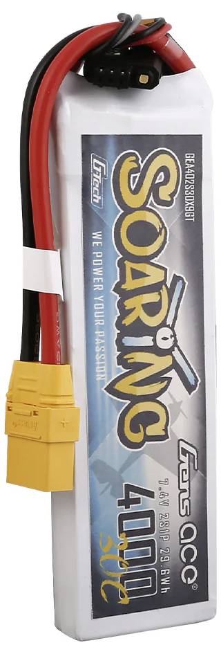 Akumulator litowo-polimerowy, prostokątny, z etykietą 'Soaring 4000'. Wystają dwa przewody z żółtą wtyczką.