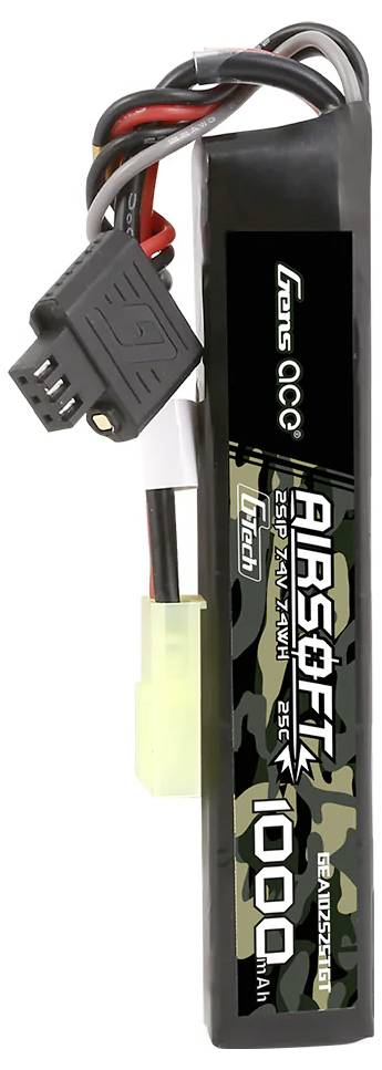 Czarny akumulator z napisem 'Akumulator Airsoft Lipo 1000mAh'. Posiada wtyczkę i przewody. Wzór w kamuflażu wojskowym.